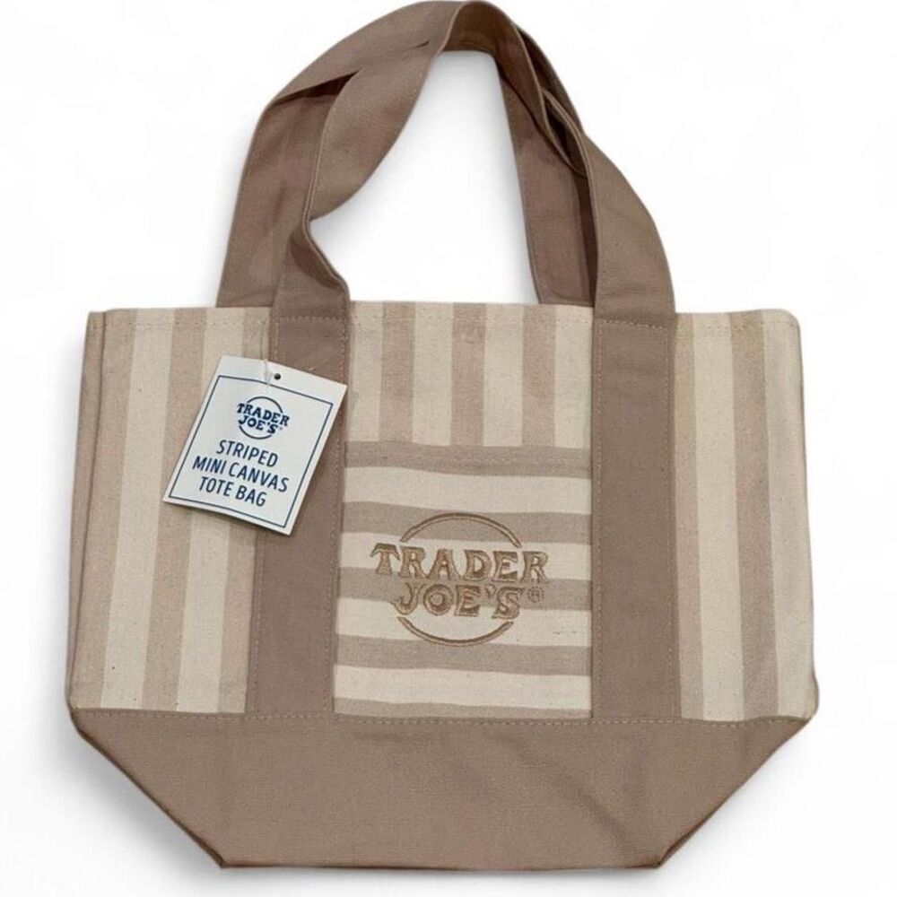 Trader Joe’s Mini Canvas Tote Bag Beige Cream Striped NWT - minor imperfection